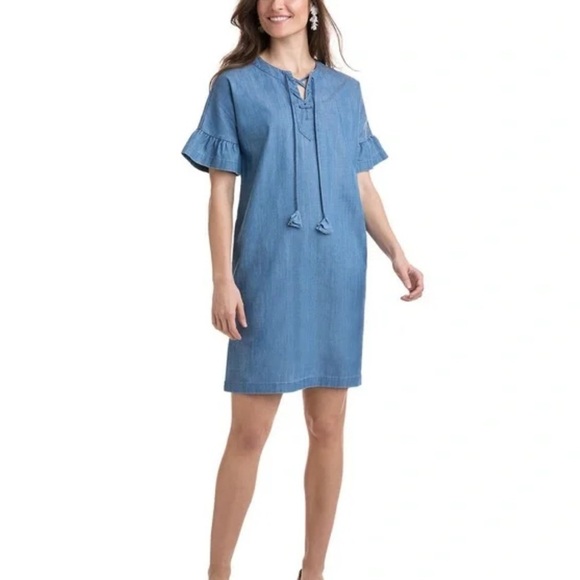 Vineyard Vines Chambray Flutter Sleeve Lace Up Denim Dress‎ Summer Evening - Picture 2 of 11